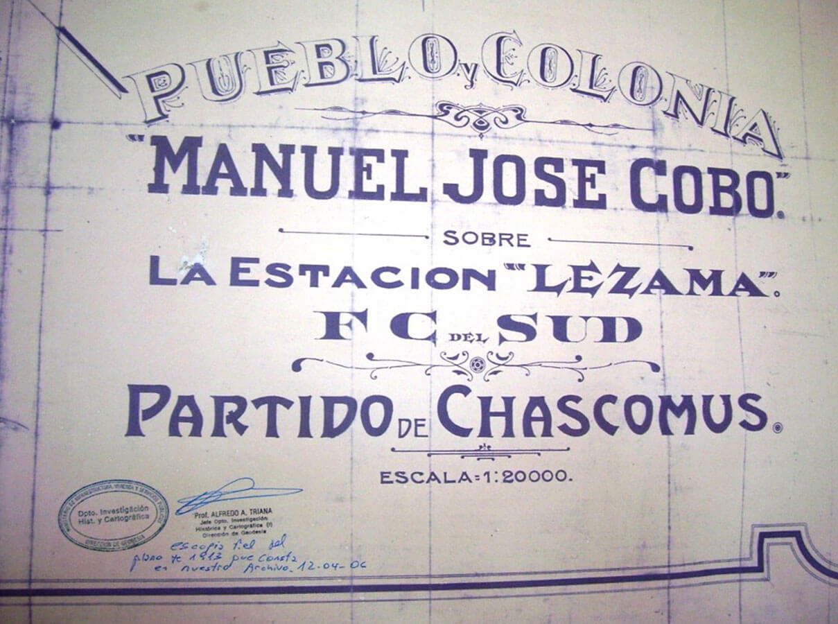 Plano original del pueblo y colonia Manuel José Cobo en 1912 (Archivo Histórica
        de Geodesia en La Plata)